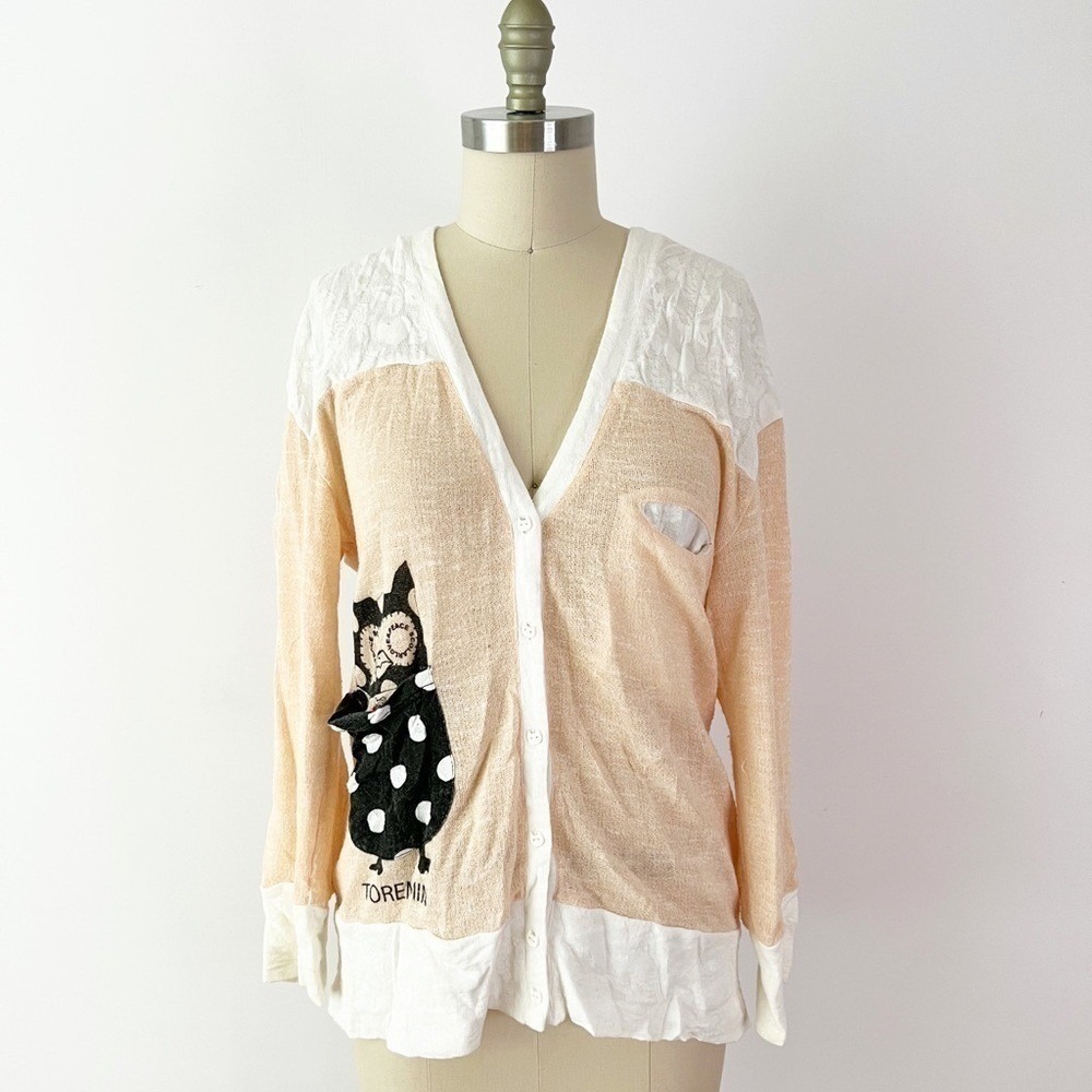 ScoLar Cardigan Peach White Owl Graphic Lace Accent Cat Buttons Size M